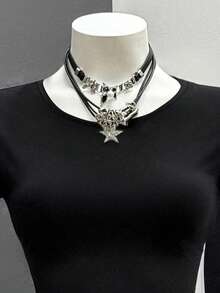 SHEIN 大码修身休闲常规圆领短袖半身裙 - 黑色 - 查看 4