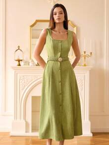 Revavyn 绿色绒面革蓬松开衩腰部褶皱弹力金属扣装饰无袖连衣裙，优雅女款设计 - 綠色 - 查看 3