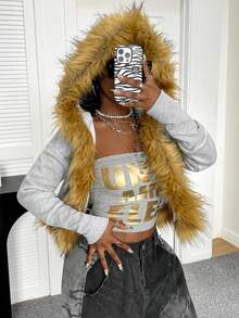 Zolique 新款性感拼接灰色毛领短款外套，内衬毛绒，女士款 - YK2 蓬松卫衣外套。时尚女士帽式卫衣外套。保暖厚实。 - 灰色 - 查看 5