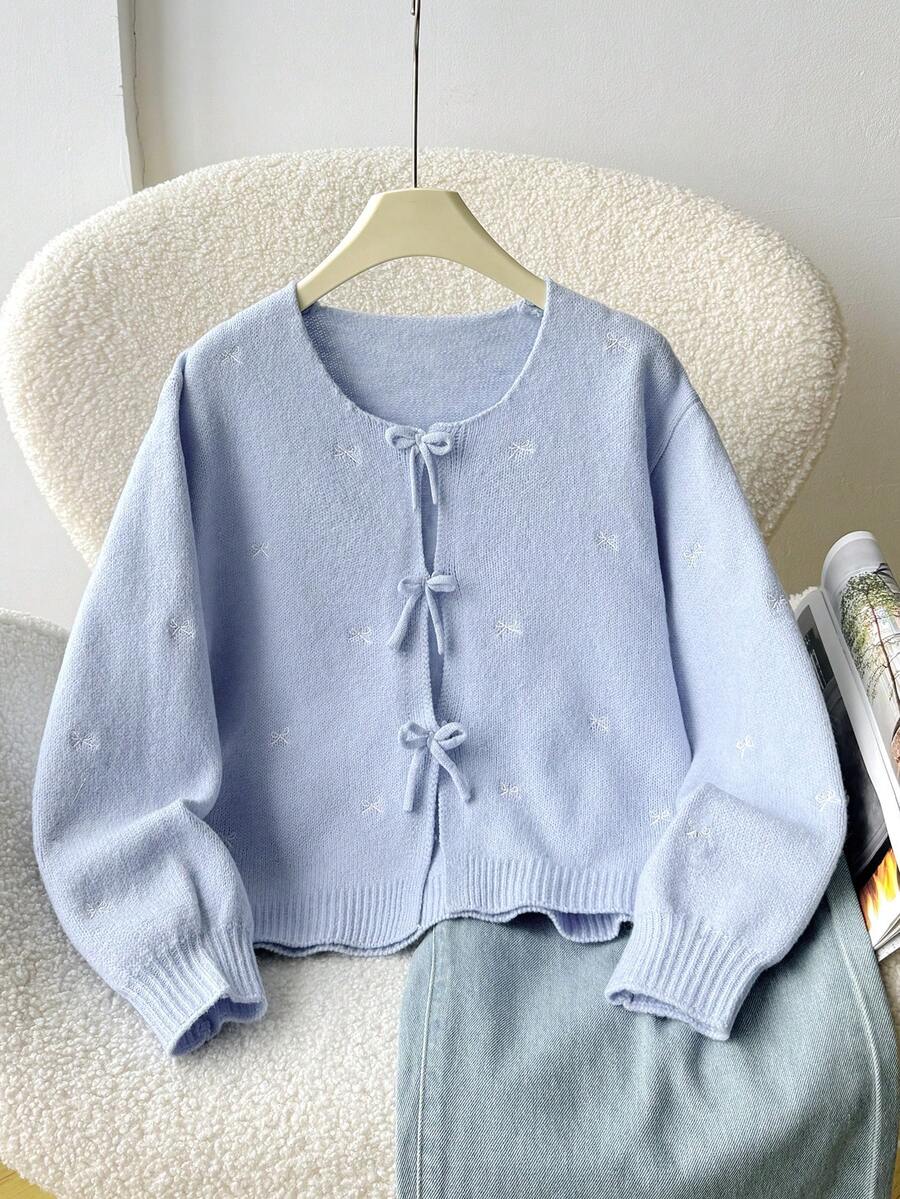 SHEIN Áo khoác cardigan chấm bi cổ tròn dài tay, thoải mái, tối giản, rộng rãi, dành cho bé gái tuổi teen, mùa tựu trường - Màu xanh lam - Xem 1