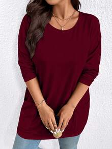 EMERY ROSE Camiseta casual de talla grande de unicolor con doble bolsillo, versátil para el otoño - Burdeos - Ver 7