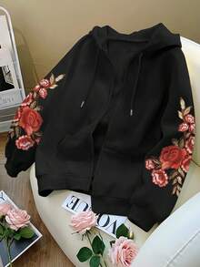 Resyla 女士休闲花卉刺绣拉链抽绳连帽外套，秋季 - 黑色 - 查看 1