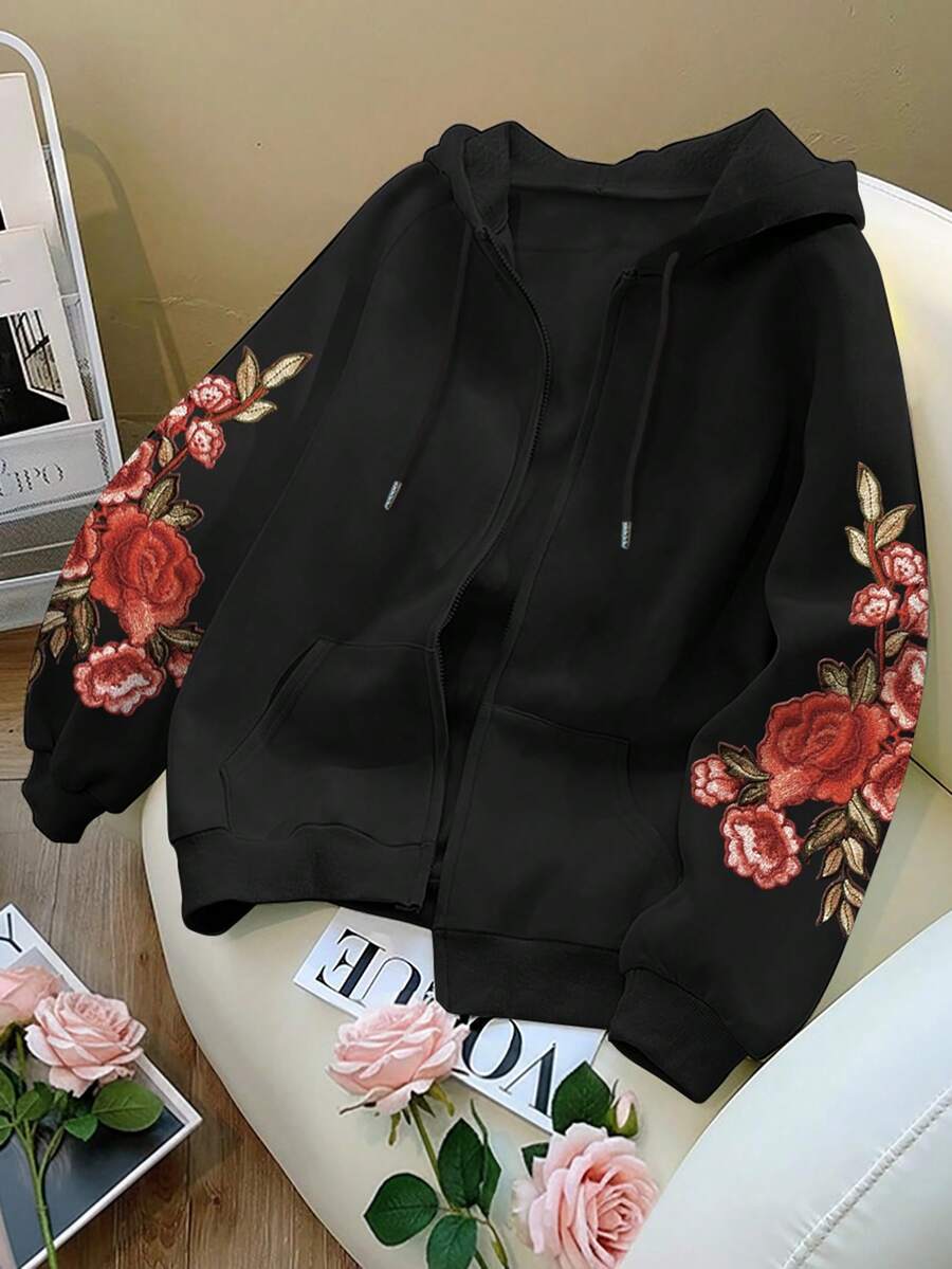 Resyla 女士休闲花卉刺绣拉链抽绳连帽外套，秋季 - 黑色 - 查看 1