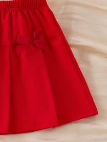 SHEIN 女童绒面长袖开衫，饰有金色蕾丝边和3D蝴蝶结，搭配红色百褶裙，两件套，适合春秋季穿着，舒适优雅，休闲及派对皆宜。 - 紅色 - 查看 8