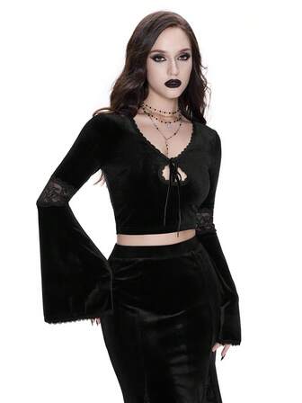 Breakform Blusa de mujer de estilo gótico con escote en V, mangas acampanadas, encaje y recortes, ajustada y corta, adecuada para uso diario y festivales