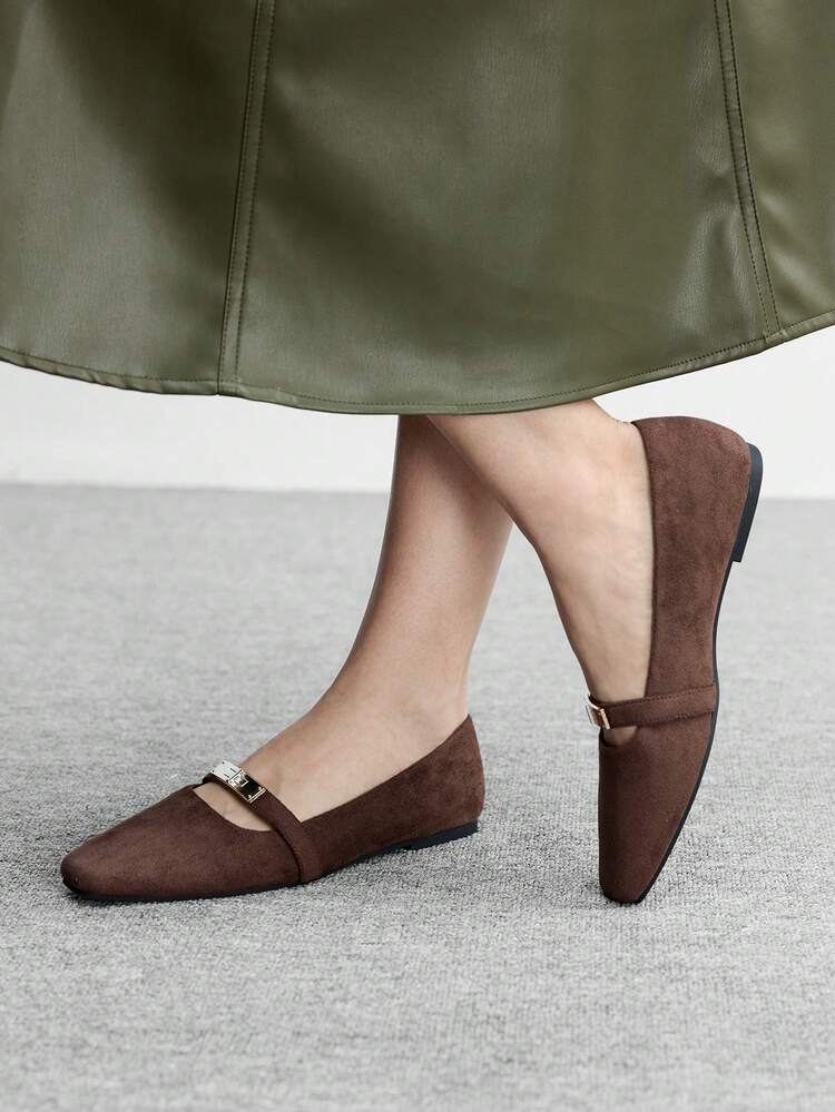 CUCCOO BIZCHIC Women's Square Toe Flat Coffee Suede Metal Buckle Slip-On Flats, Comfortable Casual Mary Jane Shoes To Pair With Dresses For Christmas Spring Shoes