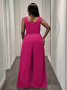 Slaydiva Bộ jumpsuit ống rộng không tay màu đen trơn, thanh lịch và thoải mái, phù hợp cho phụ nữ ngoại cỡ. - Màu Hồng Tươi - Xem 2