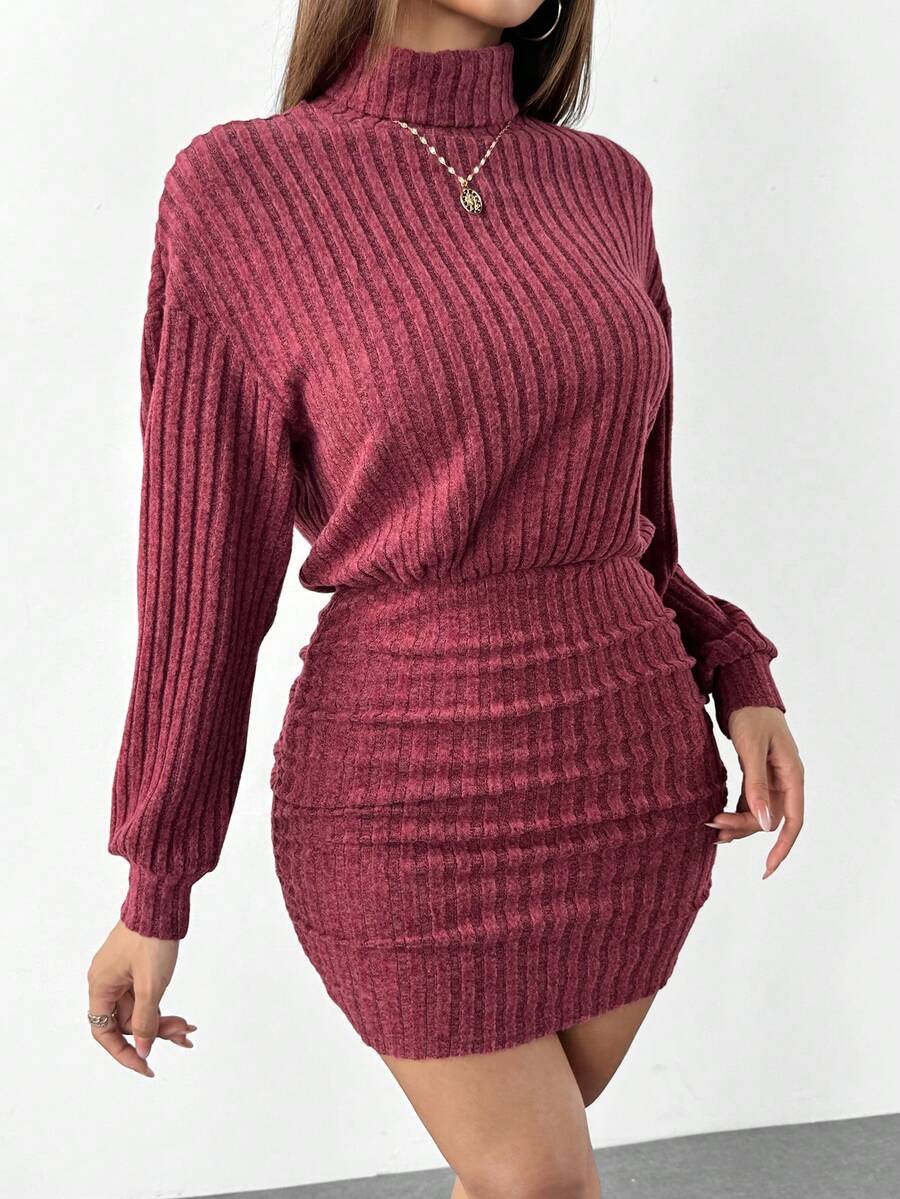 SHEIN PETITE 女款高領落肩抓皺緊身洋裝,休閒酒紅色洋裝,新年洋裝,適合嬌小女性 - 酒紅色 - 查看 1
