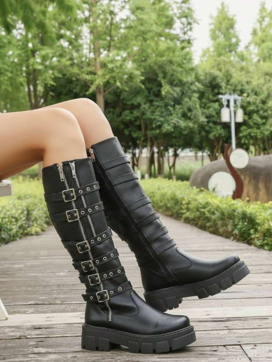 Bota alta de mujer charol brillante, punta redonda, multicintas con hebilla, cremallera, suela gruesa estilo punk para diario y fiesta - Negro - Ver 1