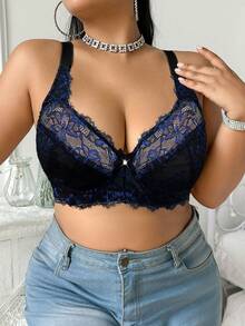 SHEIN 1pc Plus Size Lace Padded Contrast Color Sexy Bra - Black - View 8