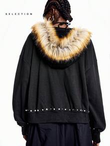 LYSMO Women's Casual Regular Zip-Up Hoodie Jacket With Faux Fur Patchwork, Autumn/ Winter - Black - View 2