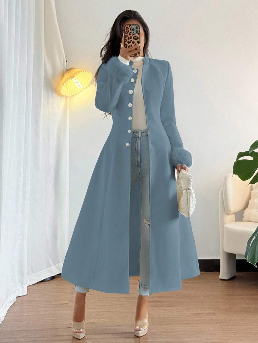Rafferiza 女士时尚单排扣长款大衣,冬季蓝色长款大衣,优雅蓝色长袖大衣,浅蓝色女式大衣 - 霧霾藍 - 查看 1