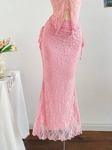 Soleia New Vacation Western Beach Wedding Guest Attire, Graduation Brunch, St. Patrick's Day, Spring Break, Easter, Music Festival, Elegant Bohemian Tropical Strapless Sleeveless Mesh Crop Top And Pleated Skirt 2-Piece Set - Pink - View 6