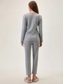 Loomlin 100%Cotton Letter & Butterfly Embroidery Ribbed Knit Lounge Set - Grey - View 3
