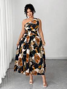 Vestido elegante de mujer de talla con estampado floral azul y blanco, elegante y chic para fiestas, graduaciones, vacaciones, festivales, citas, bodas y salidas - Negro - Ver 4