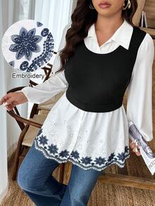 EMERY ROSE Women's Autumn/Winter 2 In 1 Embroidered Floral A-Line Button Up Top, Suitable For Casual Daily Wear Women Blouses Elegant Tunic Blouse - Multicolor - View 1