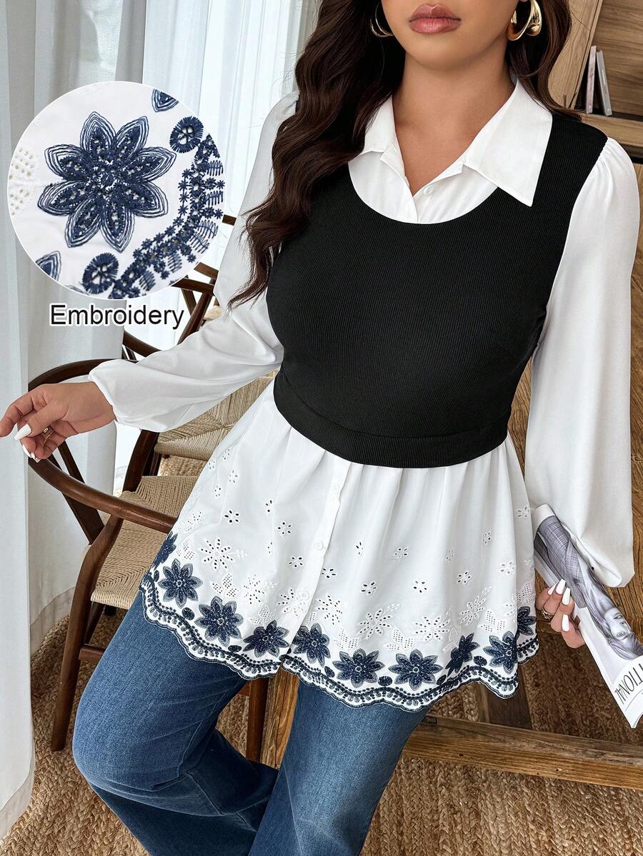 EMERY ROSE Women's Autumn/Winter 2 In 1 Embroidered Floral A-Line Button Up Top, Suitable For Casual Daily Wear Women Blouses Elegant Tunic Blouse - Multicolor - View 1