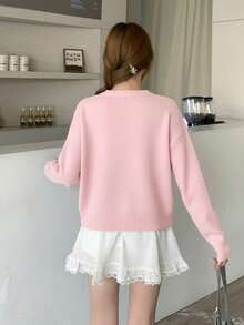 SHEIN Suéter de cuello redondo con patrón floral y unicolor para adolescentes, decoración de flores 3D, adecuado para invierno y Halloween - Rosa - Ver 2