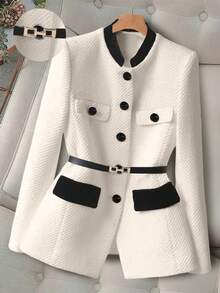 GlowEve CURVE Plus Size Women's Contrast Flap Detail Single-Breasted Blazer Jacket With Belt, Suitable For Work And Commute - Apricot - View 1