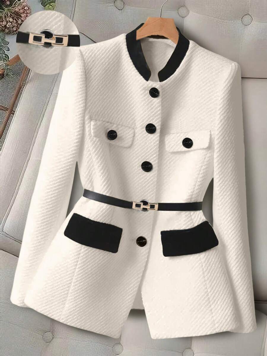 GlowEve CURVE Plus Size Women's Contrast Flap Detail Single-Breasted Blazer Jacket With Belt, Suitable For Work And Commute - Apricot - View 1