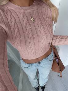 Aloruh Femmes Vintage Tricot Épais Col Rond Ajusté Manches Longues Pull, Base Minimaliste Couleur Abricot pour l'Automne/Hiver - Rose bonbon - Voir 3