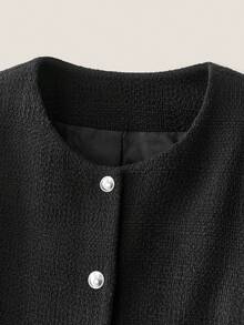 Muvela Women Solid Color Single-Breasted Round Neck Long Sleeve Casual Jacket Valentines Clothes - Black - View 5