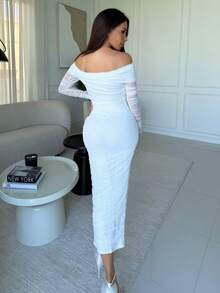 Milla Jasmine Vestido ajustado de malla plisada de hombros descubiertos de manga larga elegante blanco para primavera y verano - Blanco - Ver 2