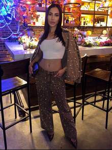 Carolina Barros 女士冬季外套，时尚优雅的现代设计，开襟羊毛长款外套，饰以珍珠和水钻点缀的牛仔衬衫，棕色上衣，适合春季、夏季、节日、假日等场合穿着，尽显优雅气质。 - 棕色 - 查看 5