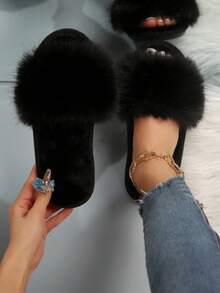 Pantuflas de mujer modernas peluche punta abierta sin correa plana chic invierno casa pantuflas negras - Negro - Ver 1