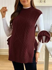 SHEIN 女士宽松高领侧开衩系带休闲孕妇毛衣背心，秋冬季 - 酒紅色 - 查看 1