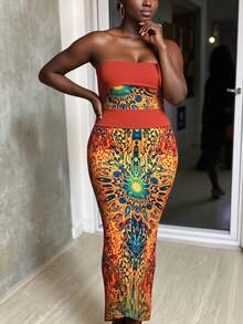 Slaydiva Plus Size 2 Pieces Set Red Sequin,Summer,Boho,Party Bohemian Colorblock Print Women's Music Festival,Western,Nashville Style,Vacation,Beach Outfit - Multicolor - View 1