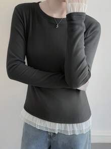 DAZY Women's Layered Ruffle Sleeve Fitted Thickened T-Shirt, Dark Grey - Grey - View 7