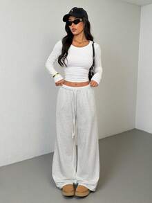 SHEIN PETITE Contrast Color Waistband Drawstring Pockets Casual Wide Leg Baggy Sweatpants,Fall,Fall Clothes For Women,Winter Clothes For Women - Grey - View 13