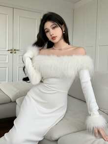 Feyla 女士纯色露肩蓬松拼接优雅长袖连衣裙长款晚礼服 - 白色 - 查看 3