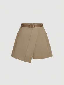 SHEIN MOD Plus Size Elegant Khaki Shorts With Front Strap And Belt, Autumn And Winter Shorts, Going Out Shorts, Retro Shorts, Festival Shorts - Khaki - View 1