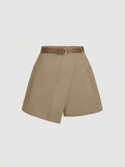 SHEIN MOD شورت كبير الحجم أنيق باللون الخردلي، مع حزام وحزام أمامي، شورت خريفي وشتوي، شورت للخروج، شورت عتيق، شورت للمهرجانات