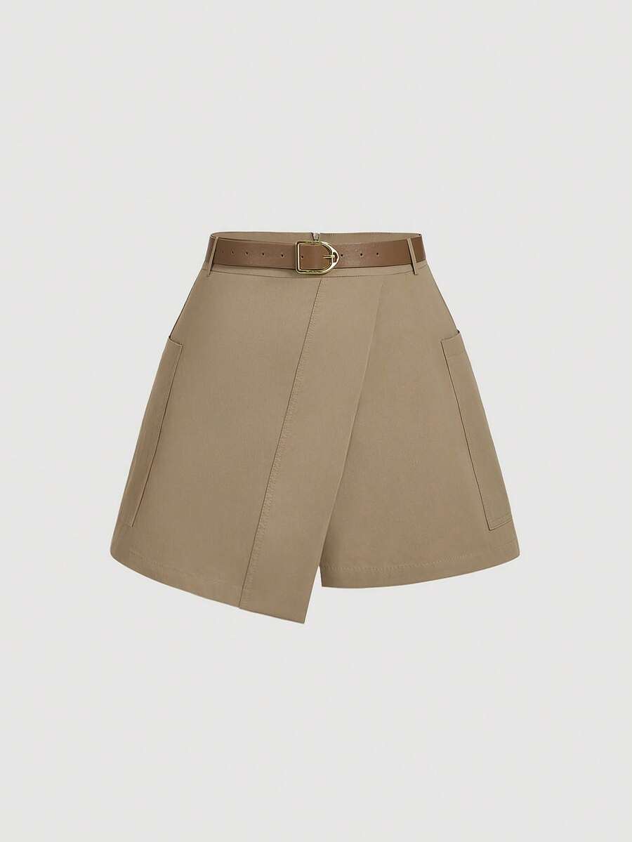 SHEIN MOD Plus Size Elegant Khaki Shorts With Front Strap And Belt, Autumn And Winter Shorts, Going Out Shorts, Retro Shorts, Festival Shorts - Khaki - View 1