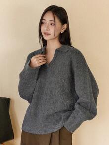 Dazy-Less 女士休闲V领宽松纯色套头毛衣，适合日常穿着，秋冬季百搭 - 灰色 - 查看 1