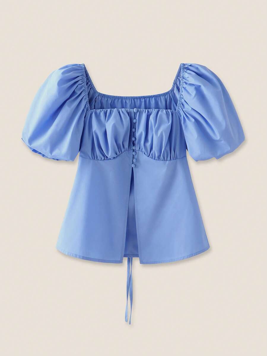 SHEIN Unity 女士纯蓝色短袖方领衬衫,简约时尚,适合夏季外出穿着 - 藍色 - 查看 1