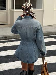 Muchica Women's Fashion New Distressed Wash  Long Sleeve Cinched Waist Denim Shacket For Going Out Outfits, Streetwear - Blue - View 2