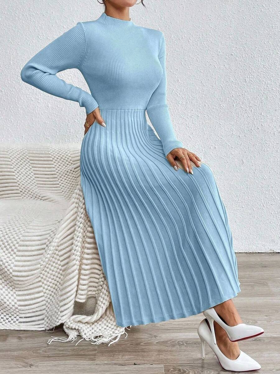 RosyDaze Vestido de suéter ajustado con cuello alto, plisado en el bajo y cintura, unicolor, para mujer, otoño/invierno - Celeste - Ver 1