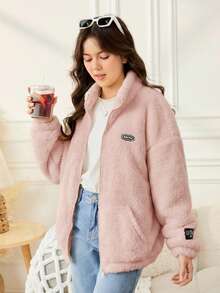 SHEIN 少女款纯色双面抓绒拼接领休闲外套