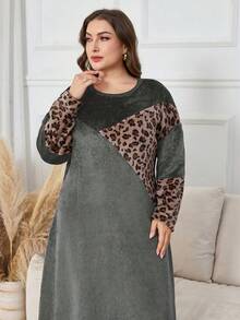 Lacomfia Vestido casual de mujer talla grande reversible de franela con estampado de leopardo y patchwork - Gris - Ver 5