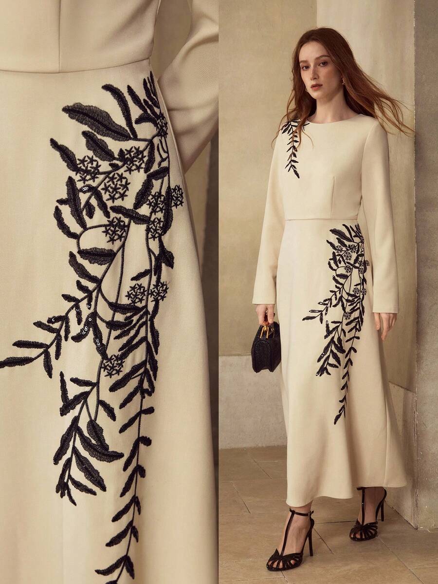 MOTF PREMIUM WOMEN'S ELEGANT FLORAL EMBROIDERED DRESS - Khaki - View 1