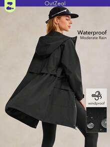 OutZeal Chaqueta de mujer con capucha, resistente al agua y al viento, de longitud larga con cordón en la cintura y bolsillos con cremallera, para camping y senderismo - Negro - Ver 1