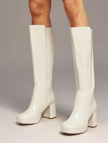 SHUZIA Botas de plataforma con puntera cuadrada, cómodas y glamorosas, de PU con cremallera interior para mujeres - Blanco - Ver 6