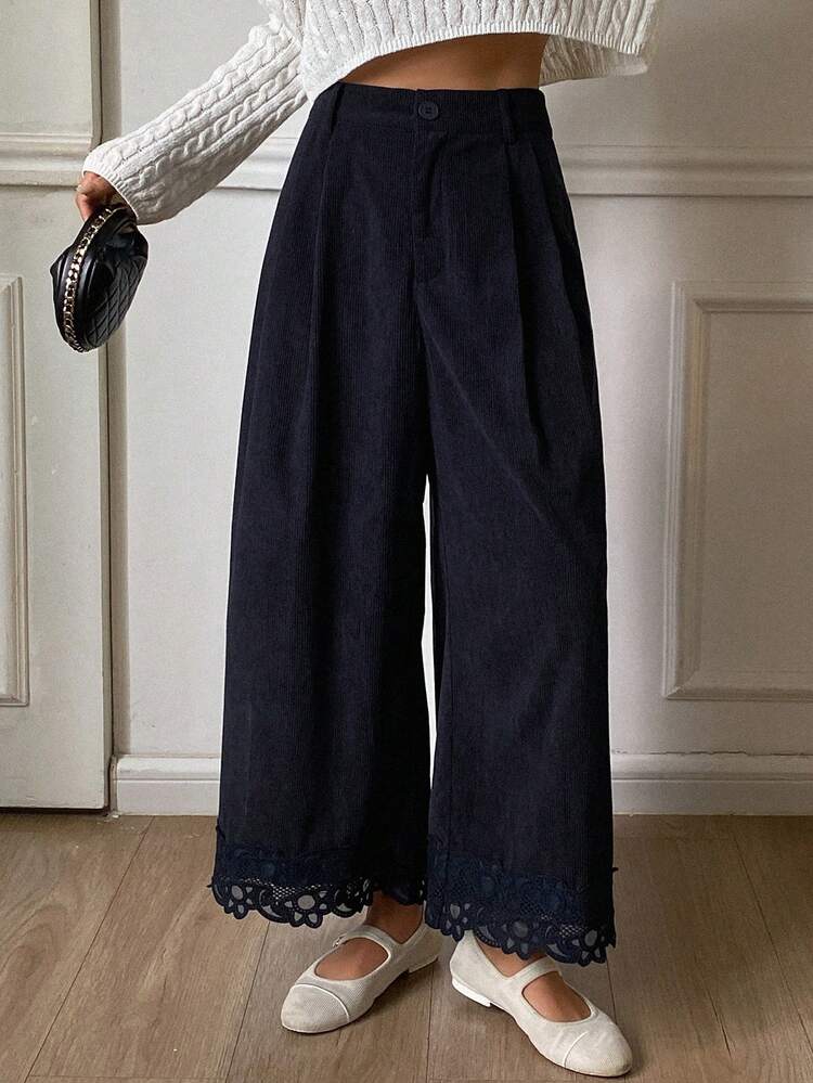Women's Loose Wide Leg Pants With Lace Hem, Corduroy Fabric, Casual & Elegant, Autumn/Winter