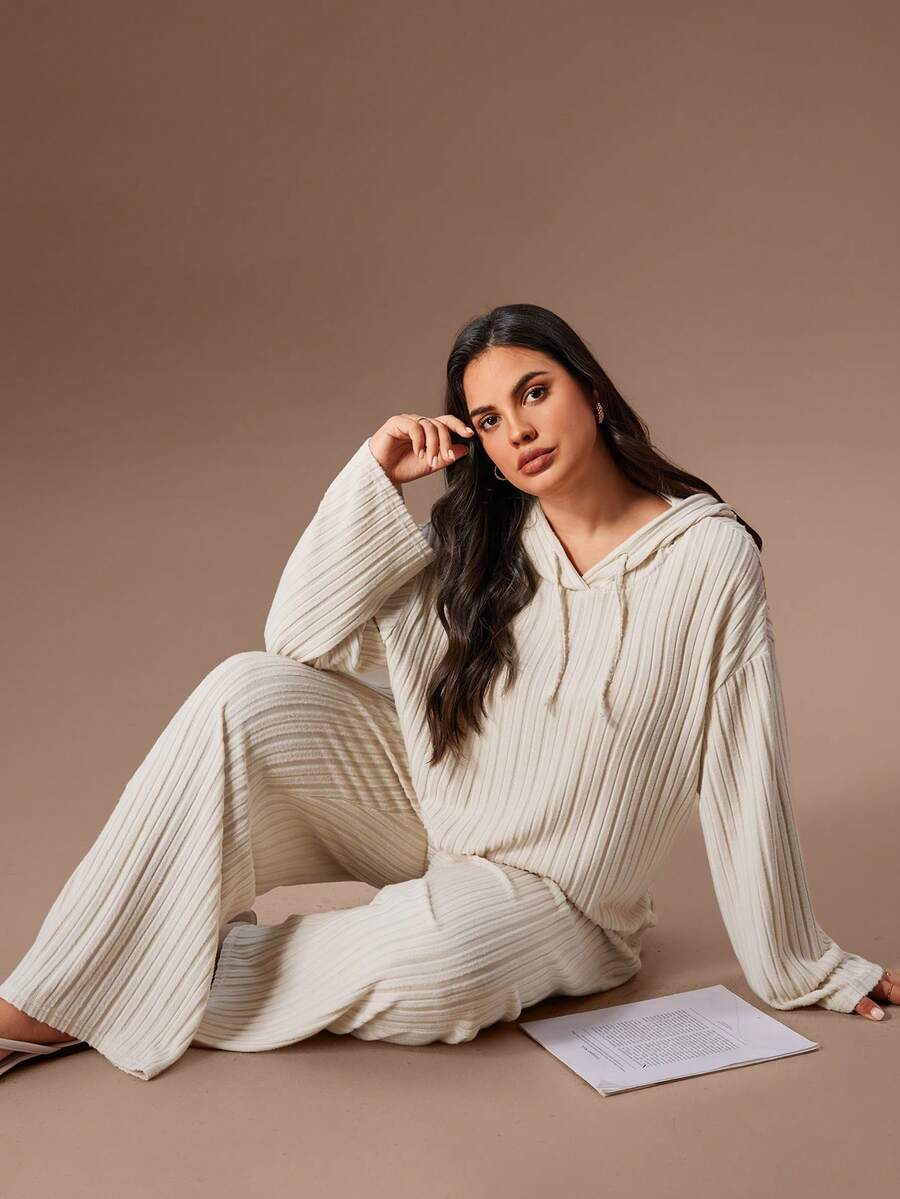 SHEIN Soft Rib Knit Hooded Sweatshirt And Drawstring Pants Casual Loungewear Pajama Set Cozy Lounge Sets - Apricot - View 1