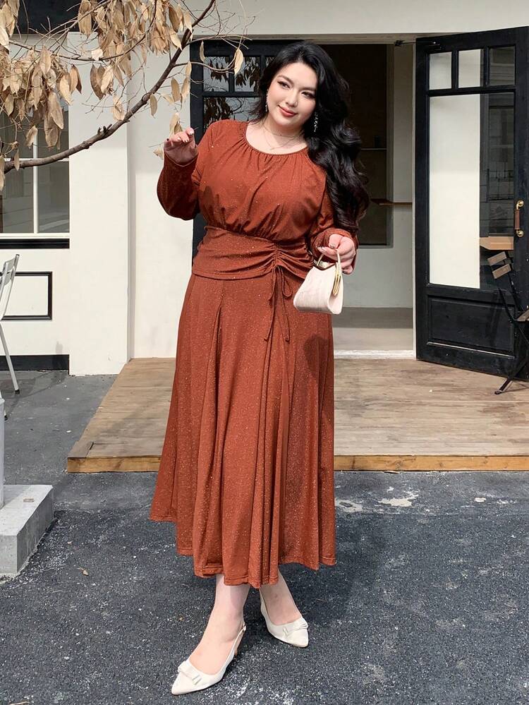 Dazy Plus Plus Size Women's Rhinestone Decor Waist Tie Chiffon Dress, V-Neck, Suitable For Dates And Parties, Spring/Autumn Maxi Dress