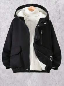 Vacaura 1pc Tween Boy Outdoor Casual Sports Multi-Pocket Thermal Lined Hooded Jacket, Autumn/Winter Fall